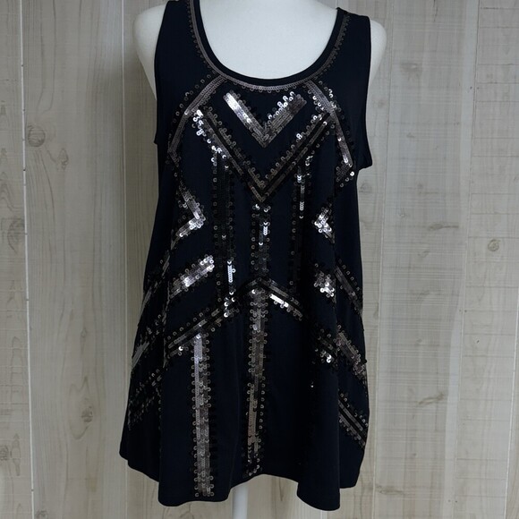 Garnet Hill Tops - Garnet Hill Black Sequin Tunic Top Sleeveless Geometric Sparkle Cotton M